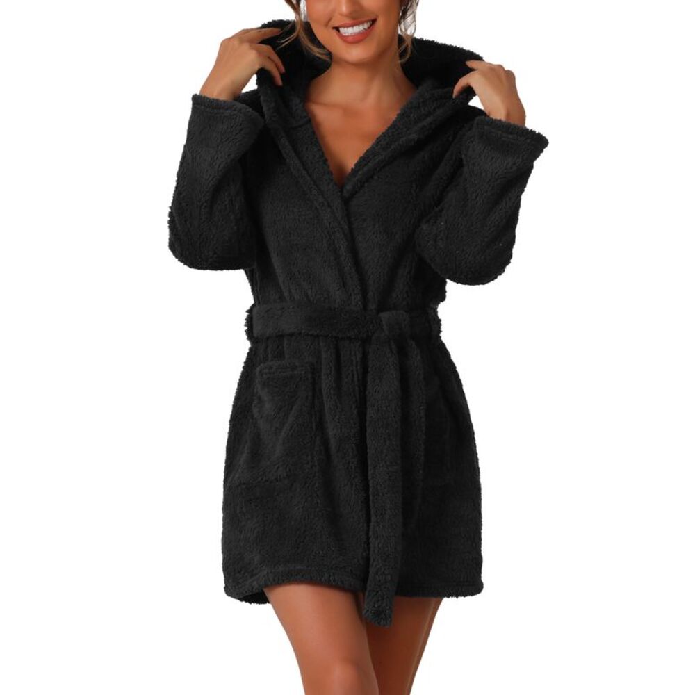 Cozy Hooded Plush Bathrobe - Black